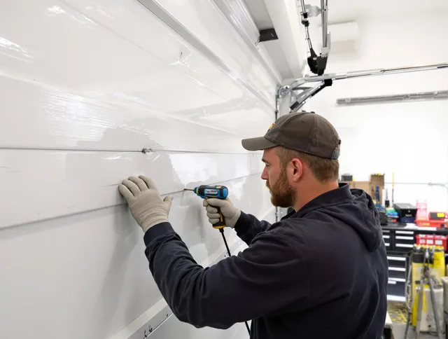 Fairhaven Garage Door Repair technician demonstrating precision dent removal techniques on a Fairhaven garage door