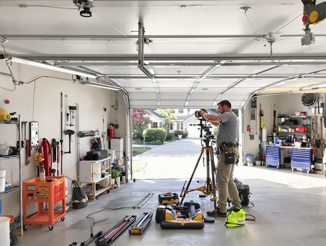 Fairhaven Garage Door Repair specialist performing laser-guided track alignment in Fairhaven